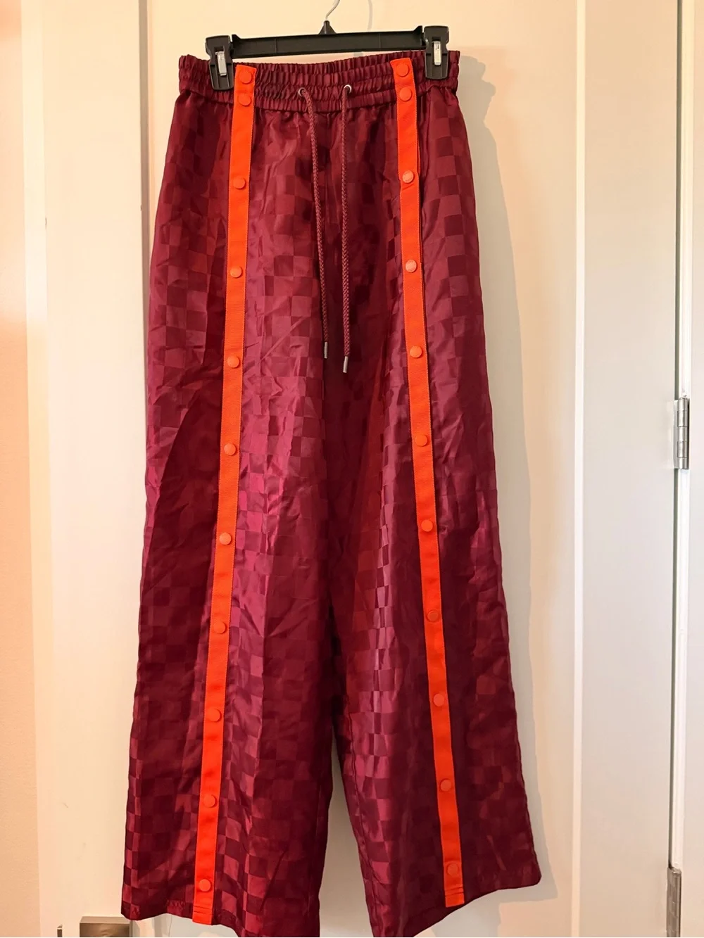Puma Fenty Burgundy Checker-Panel Tearaway Pants with Orange Stripes Sz XS